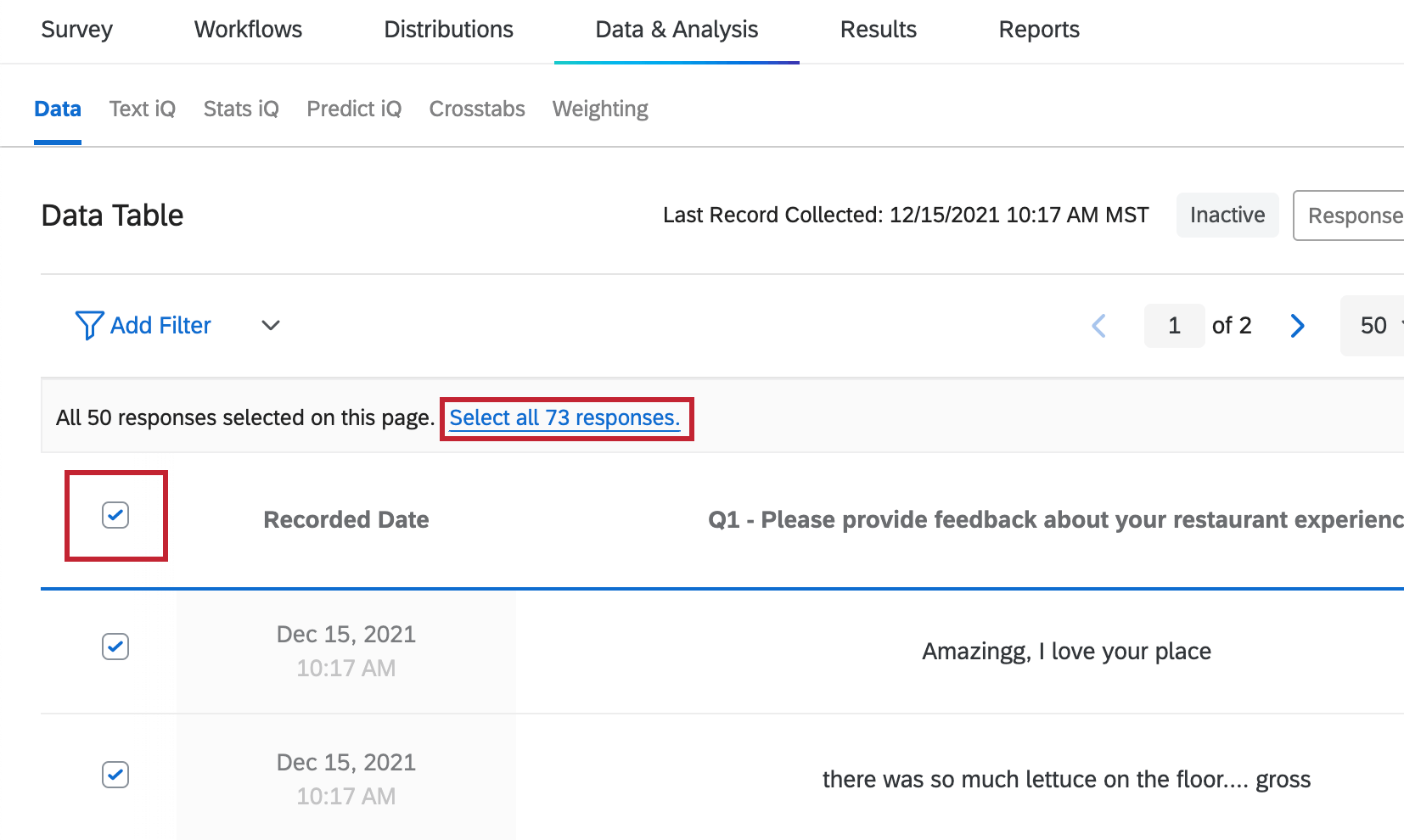 Image zooms in to show the select all checkbox at the top, then the banner where you can then click to select all responses, not just the ones displayed on the page