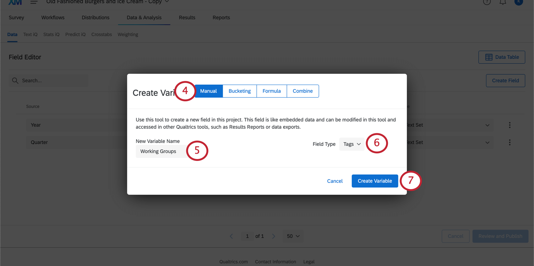 Image of the window that opens when creating a field, with "create variable" at the top