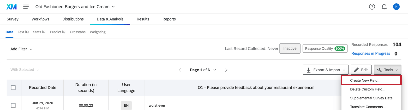 Image of the create new fields option described under tools
