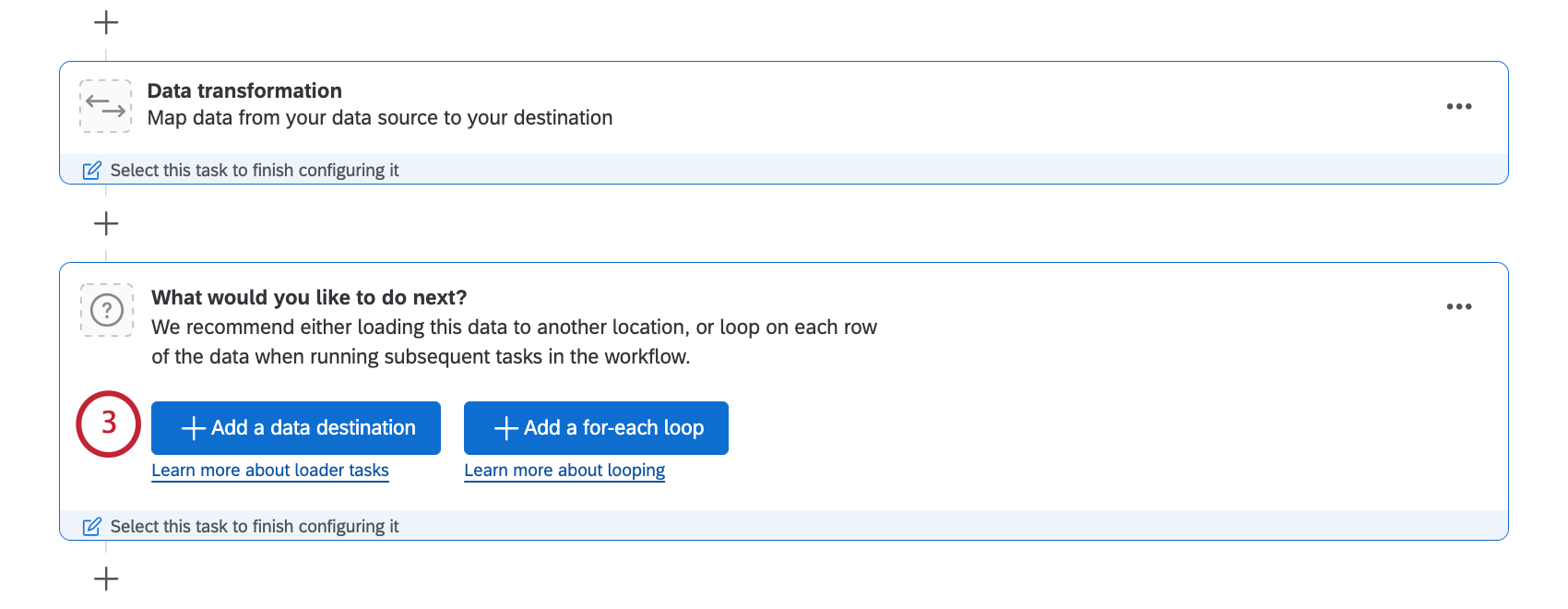 Im ETL-Workflow können Sie Datentransformationen hinzufügen und dann auswählen, was als Nächstes geschieht. Klicken Sie auf Datenziel hinzufügen.