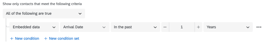 Screenshot zeigt eine Bedingung, die besagt, dass nur Kontakte angezeigt werden, die die folgenden Kriterien erfüllen: Das Eingangsdatum der eingebettete Daten liegt im letzten 1 Jahr.