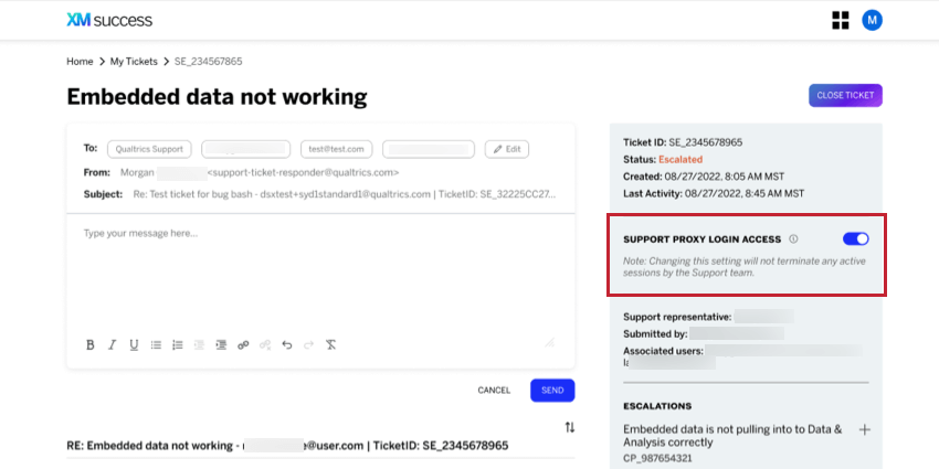inside a ticket, on the sidebar under the ticket ID and basic info, there's a toggle for adjusting support proxy login access