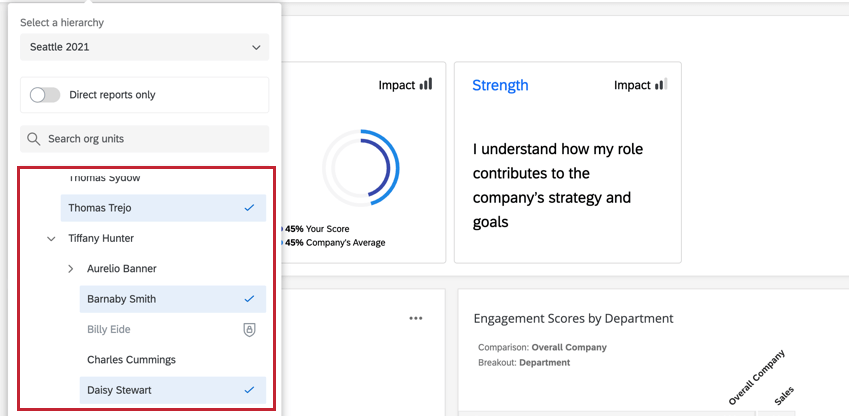 selecting three different units to view in the org hierarchy filter