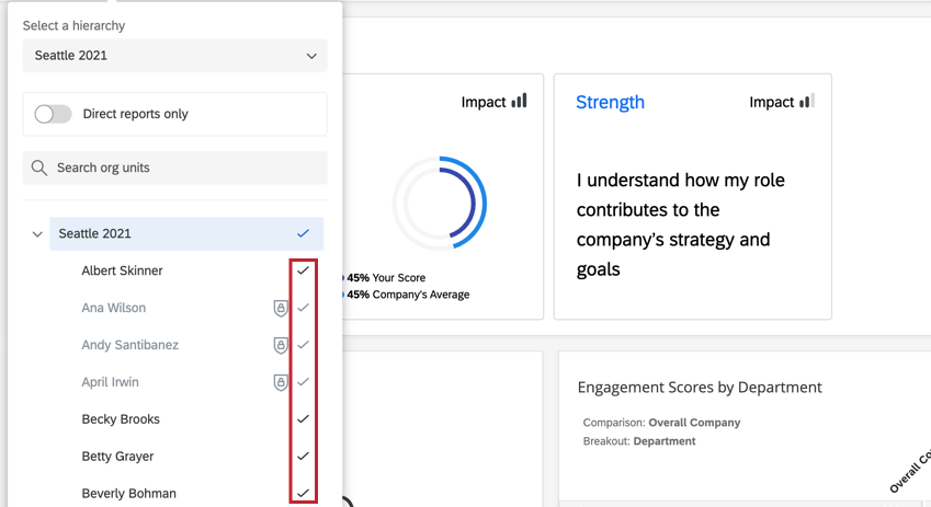 a parent unit is selected in the hierarchy filter. all sub-units are automatically selected and have a check mark next to them