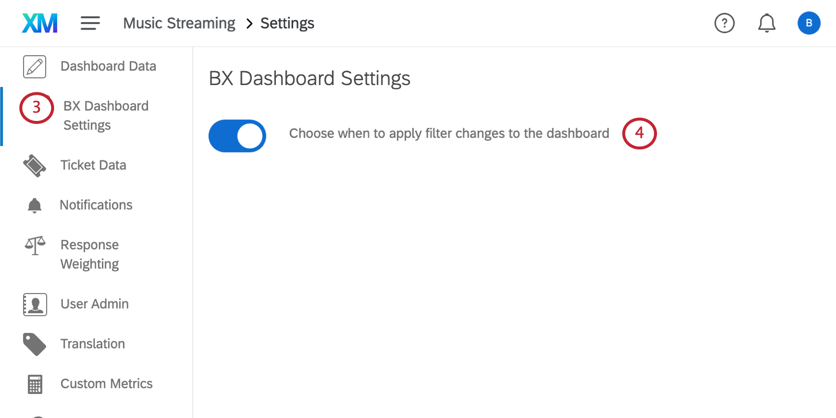 Seção de configurações do BX Dashboards com uma única configuração para ativar