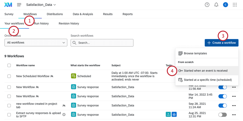 Configurações de workflow