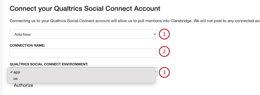Pour ajouter un nouvel ensemble didentifiants, sélectionnez Ajouter Nouveau dans le menu déroulant des identifiants. Saisissez le nom du nouvel ensemble didentifiants dans la zone NOM DE LA CONNEXION. Sélectionnez lenvironnement auquel vous voulez vous connecter dans le menu déroulant ENVIRONNEMENT SOCIAL CONNECT QUALTRICS.