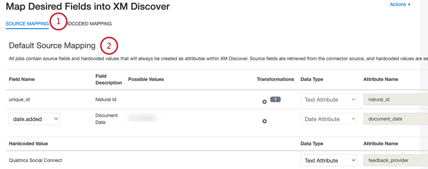 Sur la page Mapper les champs souhaités dans XM Discover, sélectionnez longlet MAPPAGE DE SOURCE pour connecter les champs de données source aux champs de données de votre projet XM Discover.
