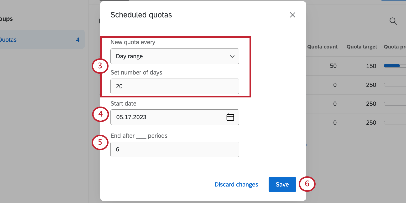 new window where you schedule quotas