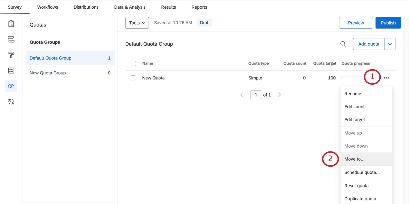 dropdown next to a quota group expanded