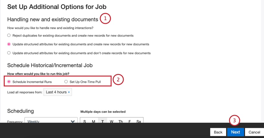 Sur la page Configurer des options supplémentaires pour le job, dans la section Gestion des documents nouveaux et existants, sélectionnez la manière dont le système doit gérer les documents en double.
