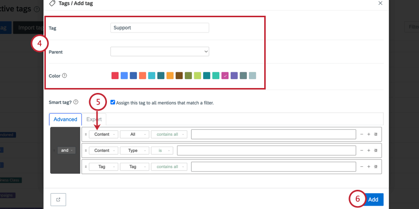 Immissione di dettagli tag e aggiunta di un filtro se si utilizza uno smart tag