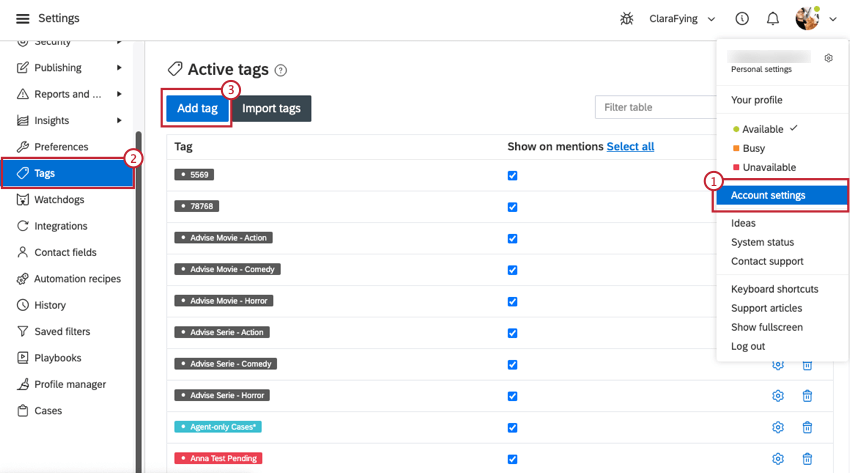 passando alla sezione dei tag delle impostazioni dellaccount e facendo clic su Aggiungi tag