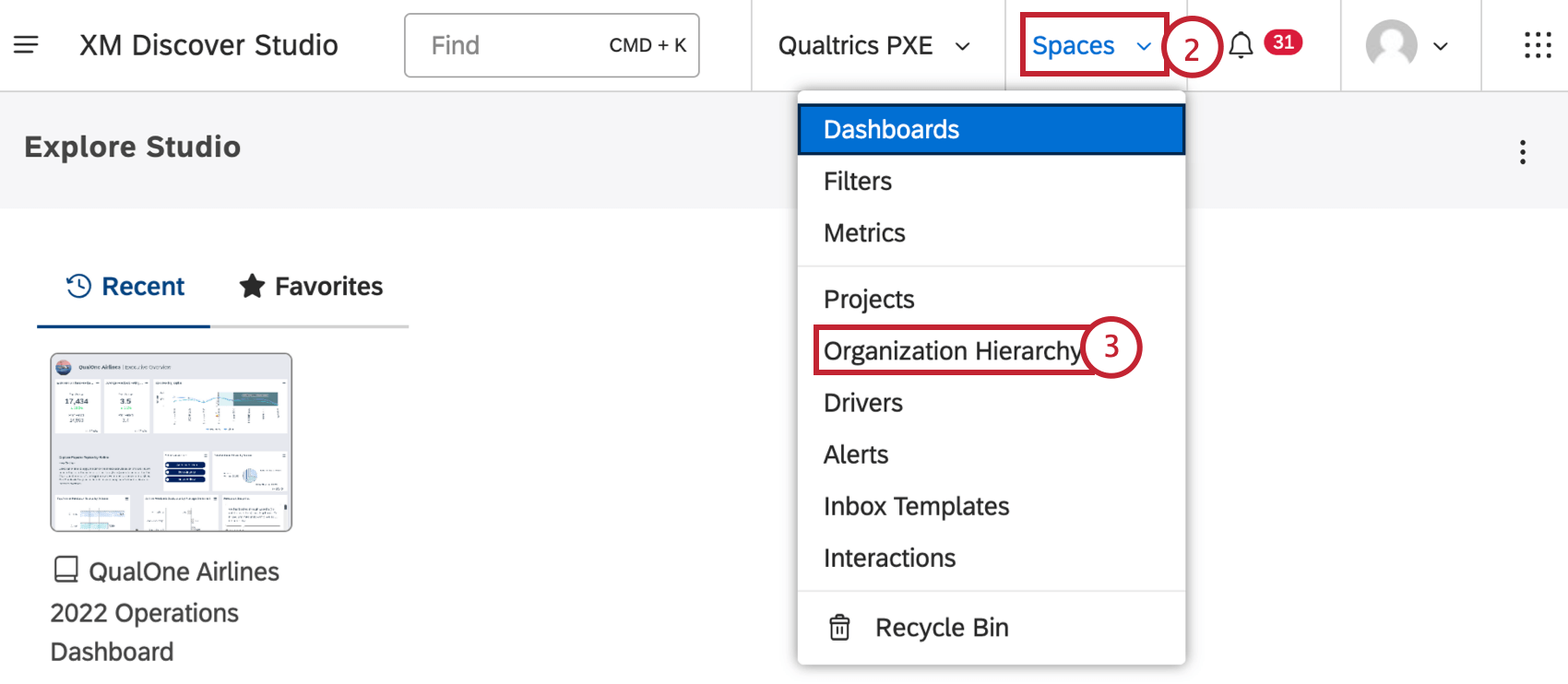 spaces menu clicked, organization hierarchy selected