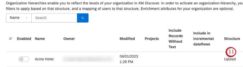 upload button in structure column