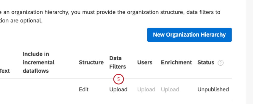 upload button in data filters column