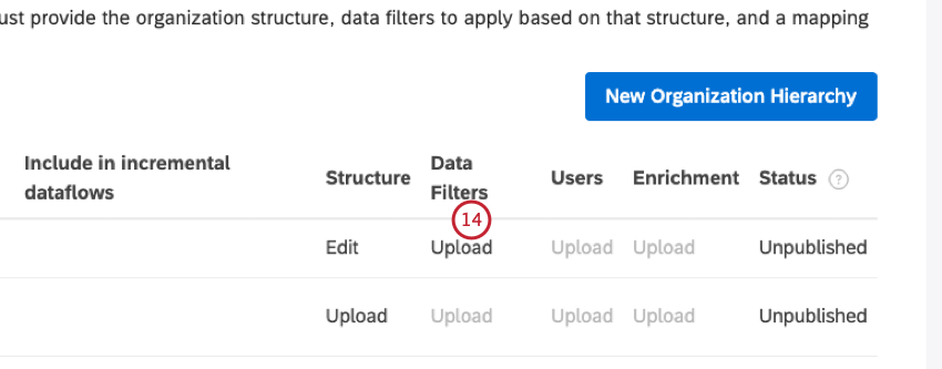 upload button in data filters column