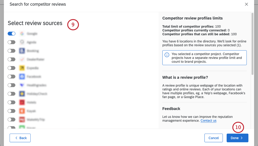 list of review sources with switches next to each to show if they're selected