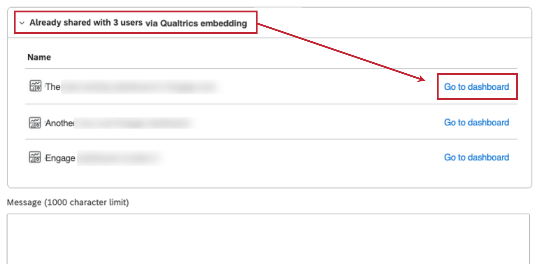 a seção já incorporada na janela de compartilhamento do dashboard Studio