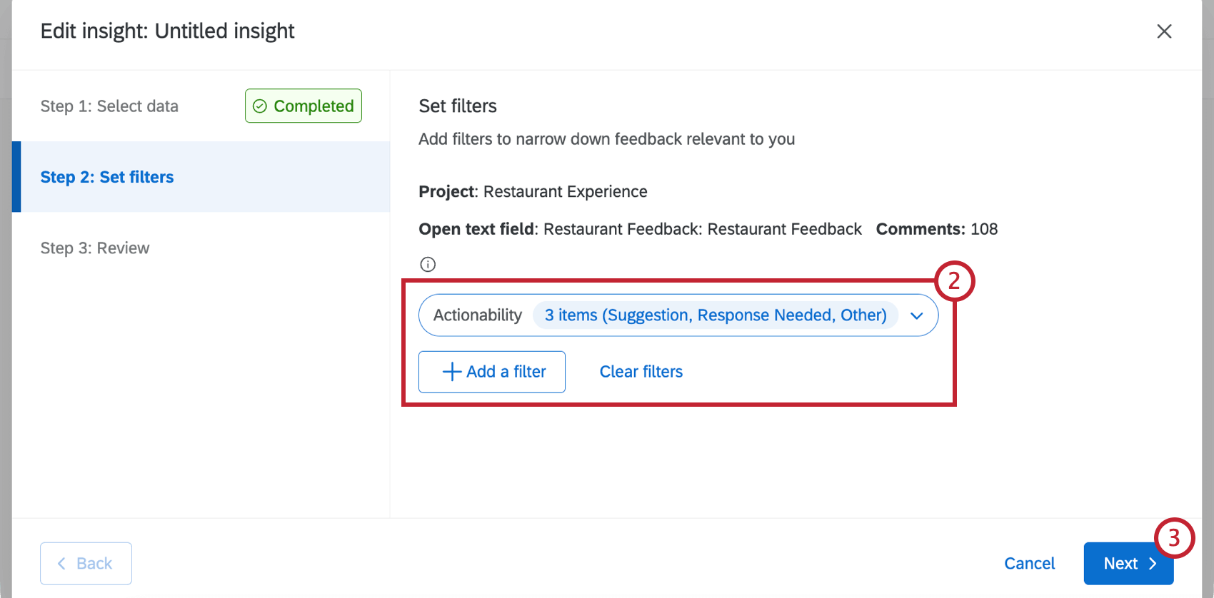 filters within an insight highlighted
