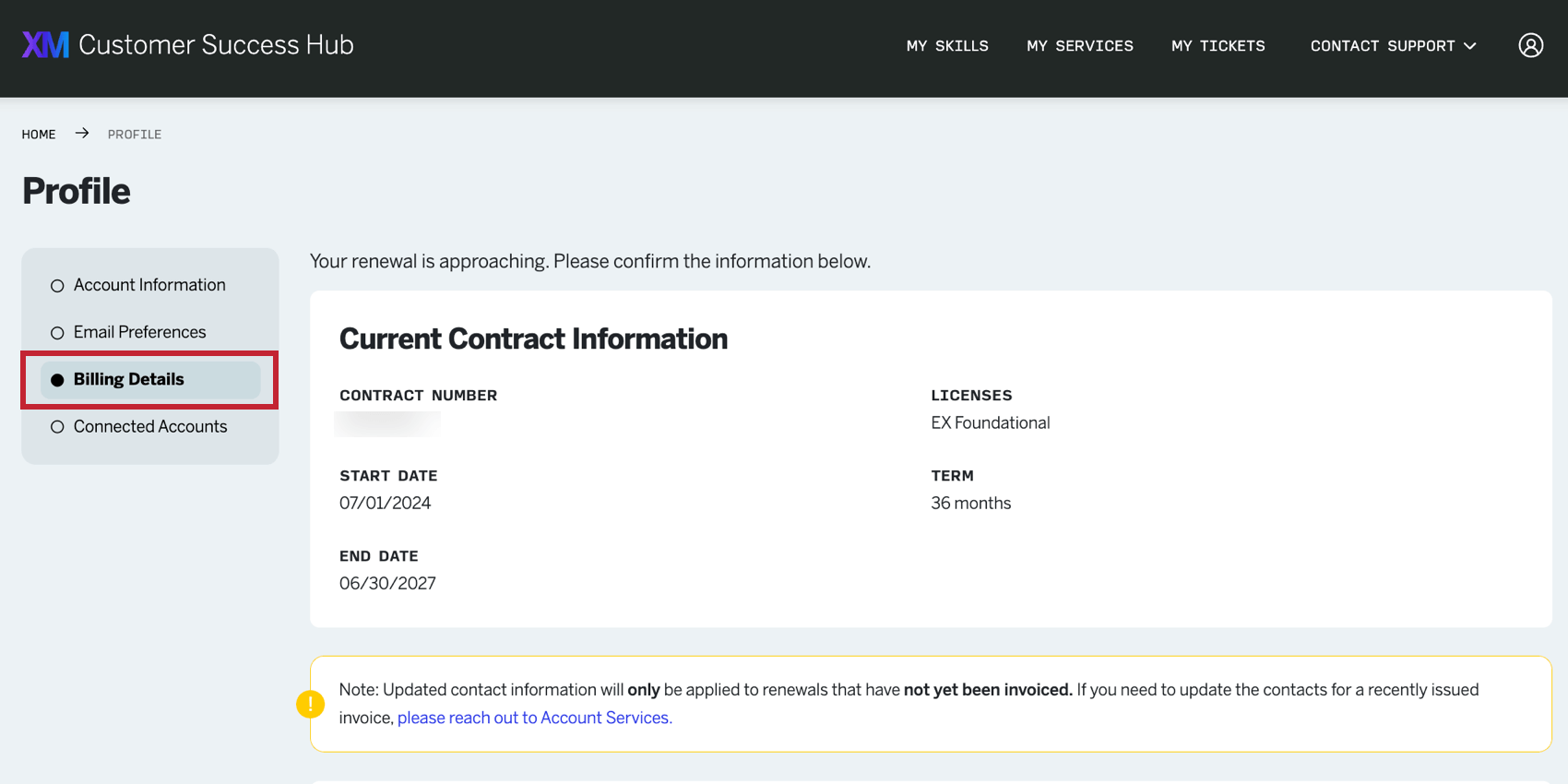 the billing details section of the hub