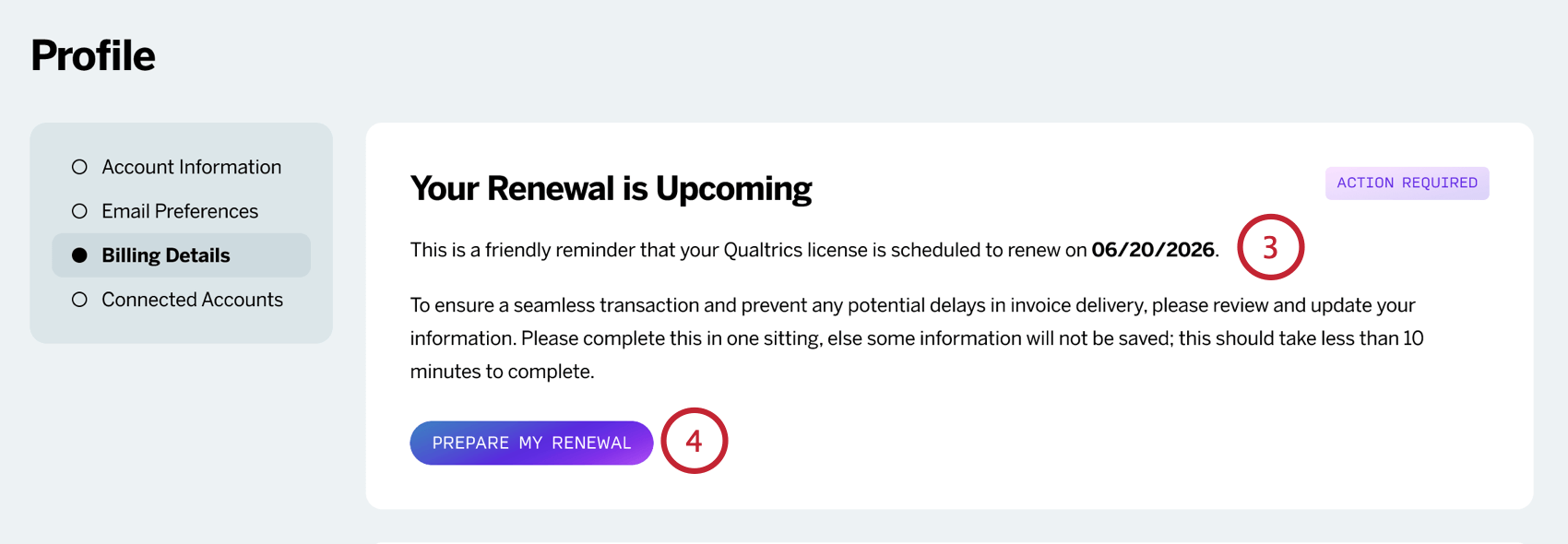 section of billing details with prepare my renewal button