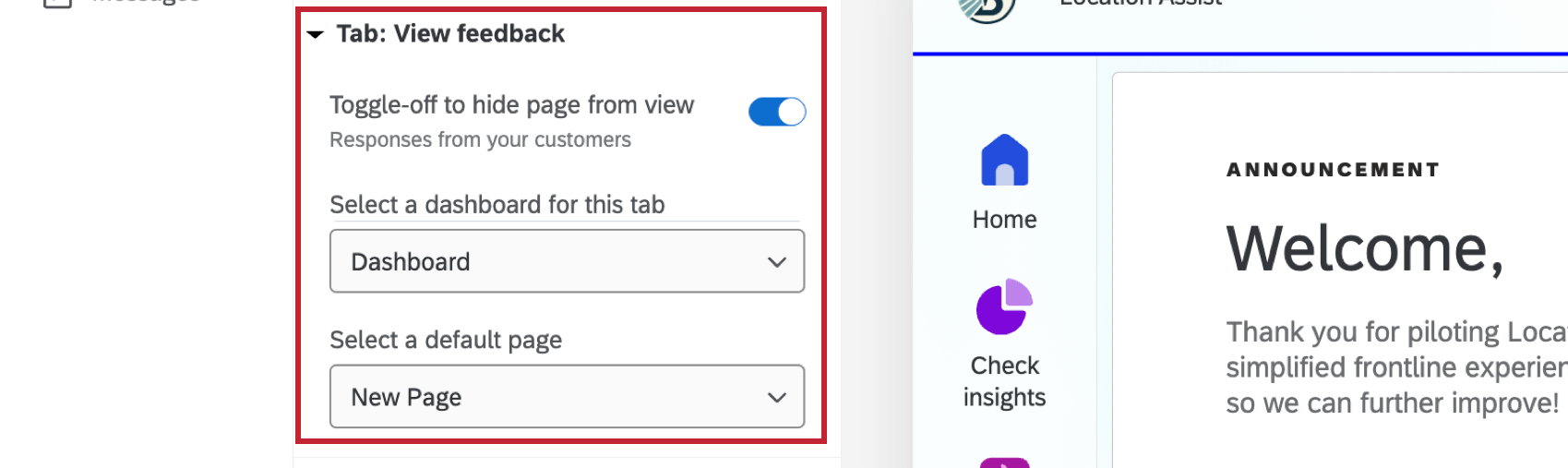 selecting a dashboard to view in the view feedback tab