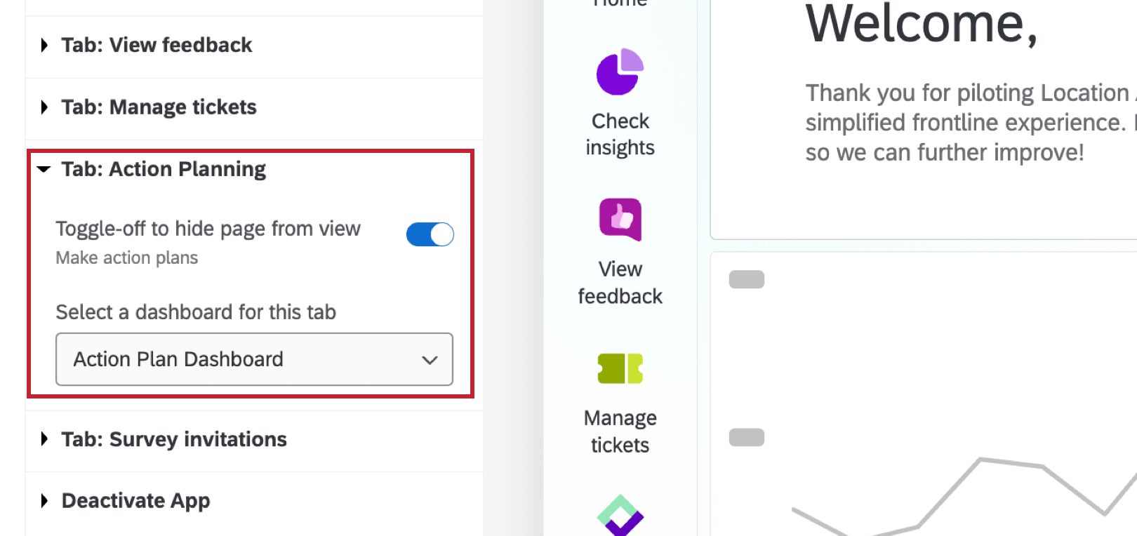 action planning tab within location experience hub settings