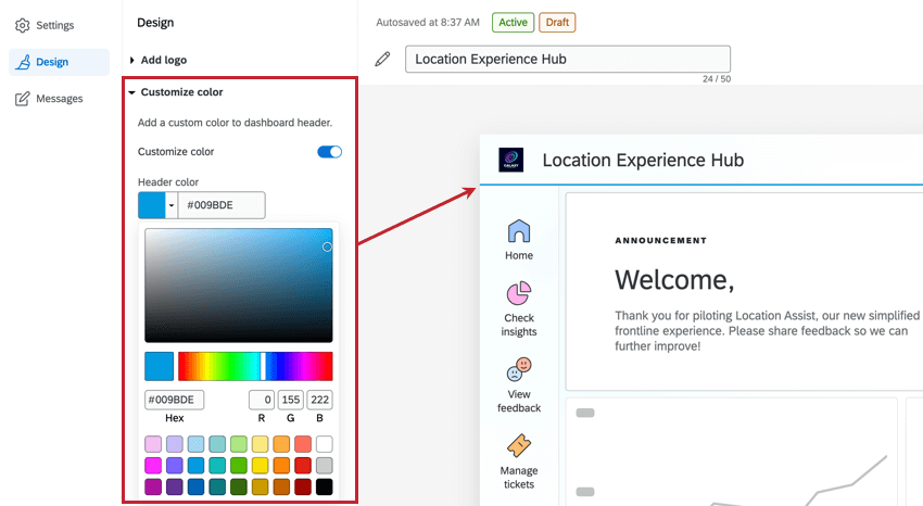 choosing a custom color for the location experience hub