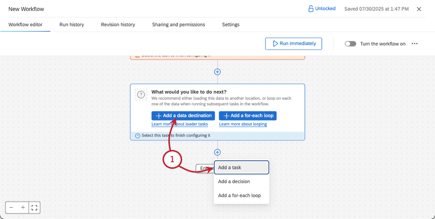 in a workflow, clicking button to add another task