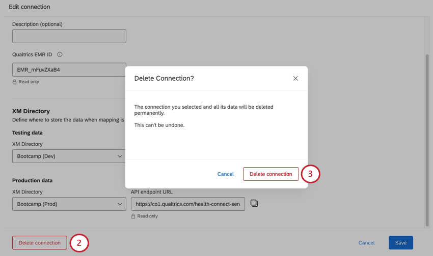 delete button at bottom of next page opens a new modal where you have to confirm your selection