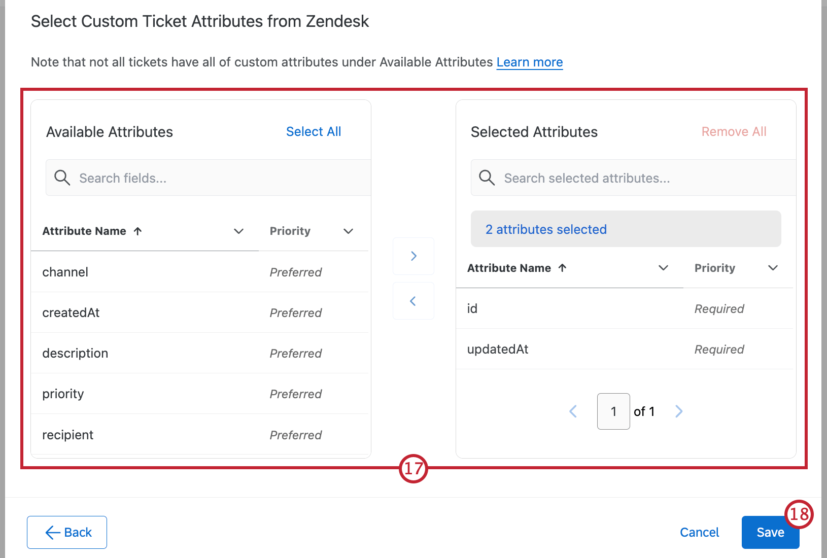 A table to select custom attributes, with available attributes arranged on the left and selected attributes on the right. The next button is in the bottom right.