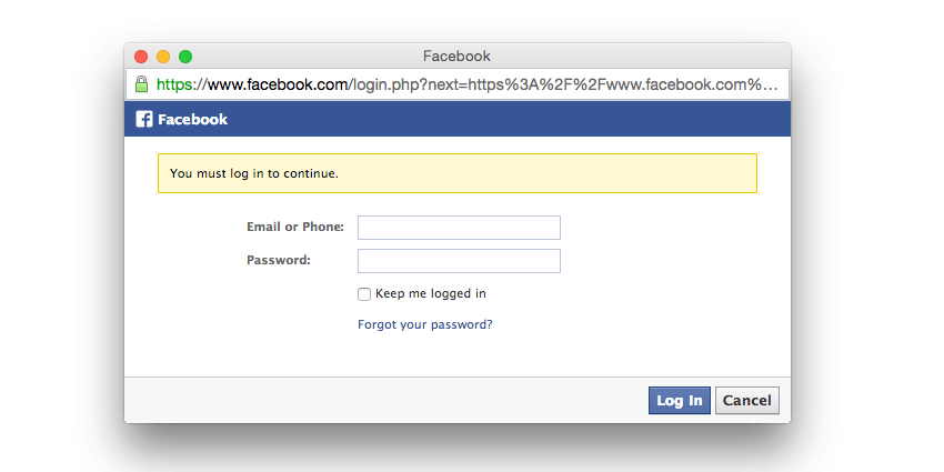 Facebook login prompt