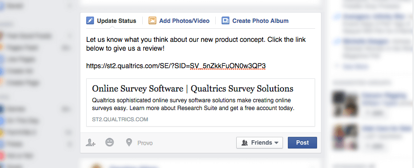 A Qualtrics link posted to Facebook