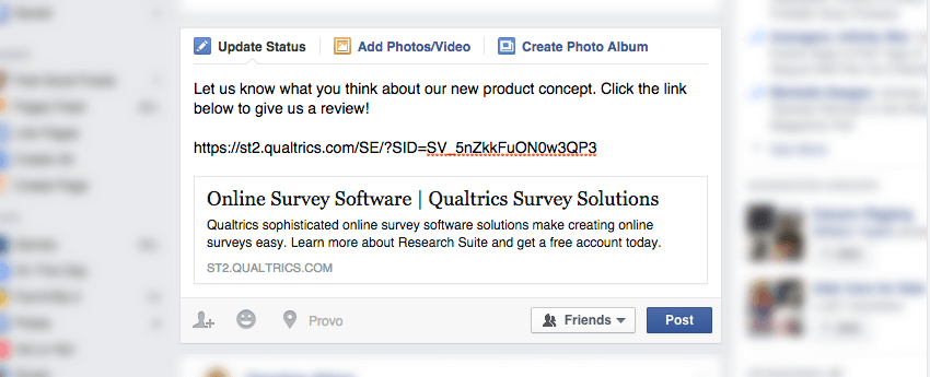 Un enlace de Qualtrics publicado en Facebook