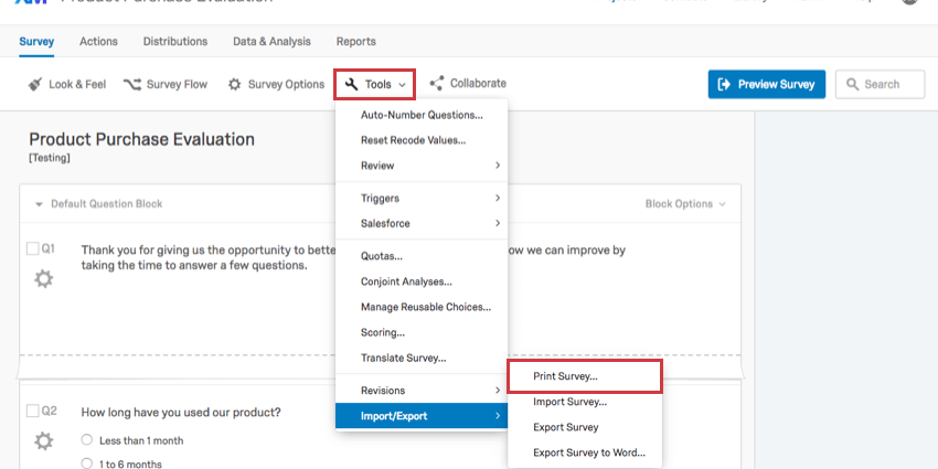 Print Survey under Tools