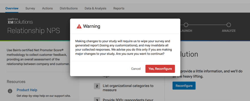 On Overview tab, after clicking blue reconfigure on right-middle of page, warning pops up in center