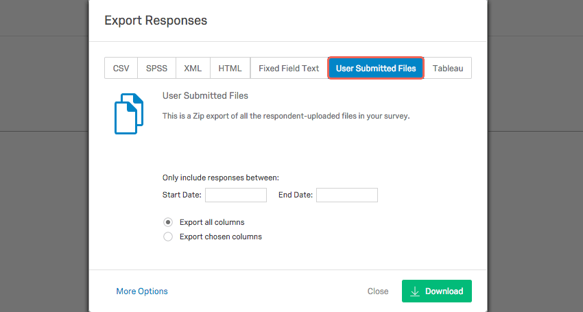 user submitted files option on the data exporter