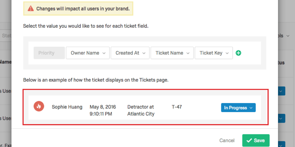Preview of the custom ticket configuration