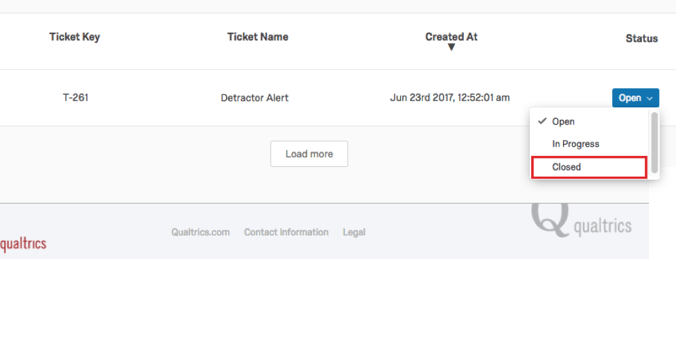 Status dropdown to the right of a ticket