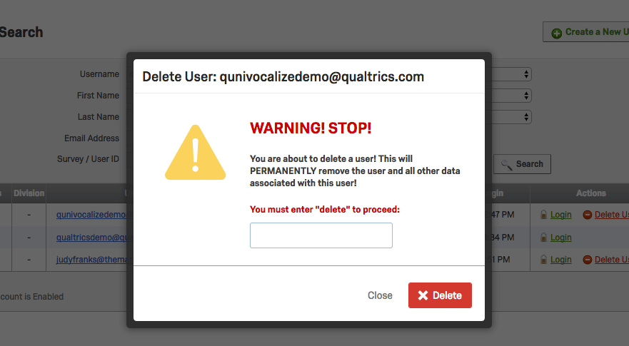 「delete」と入力するように促すユーザー削除前の警告メッセージ