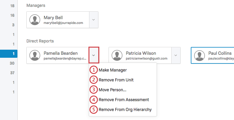 Le menu déroulant en regard du membre de lunité affiche 5 options.