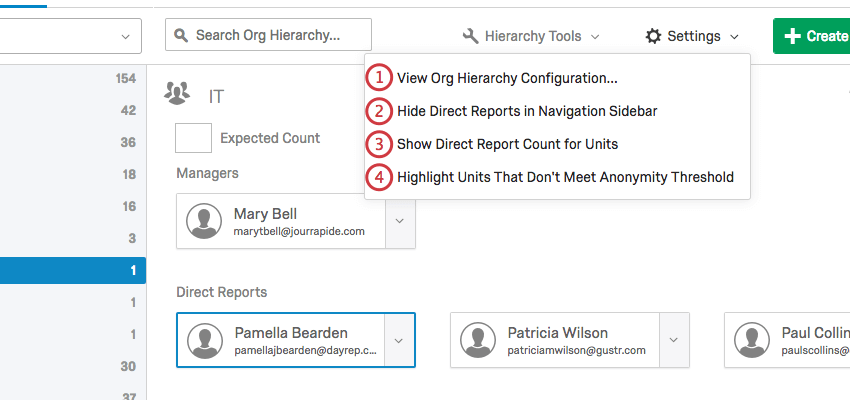 Menu du bouton Paramètres développé sur 4 options