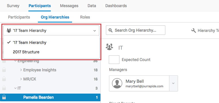 O menu drop-down de seleção de hierarquia é aberto para revelar outras hierarquias que podem ser selecionadas