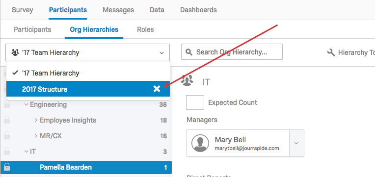 No menu drop-down Seleção de hierarquia, o botão X ao lado do nome da hierarquia