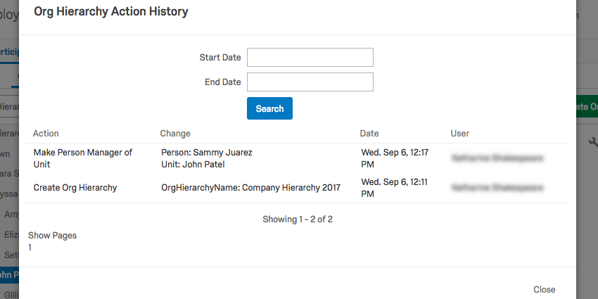 In der Aktionshistorie der Organisationshierarchie wird ein Datumsfilter über einer Liste der ausgeführten Aktionen und deren Ausführungsdaten angezeigt.