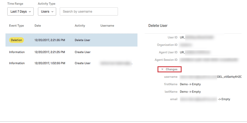 Selecting a user log and opening a menu to the right