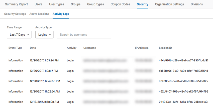 A list of login activity, with timestamps and usernames