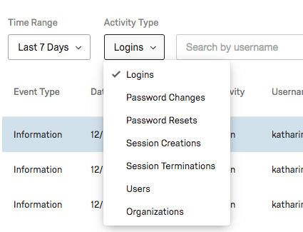 Activity types dropdown menu expanded to show options