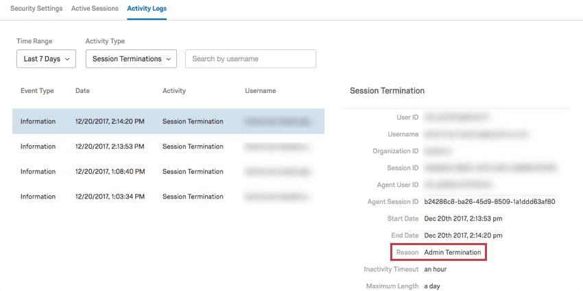 Selecting a session termination and opening a menu to the right